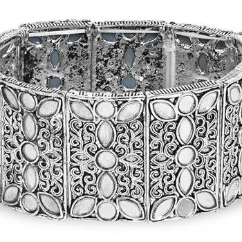 navratri silver oxidised afghani traditional mirror work stretch bracelet for women  3