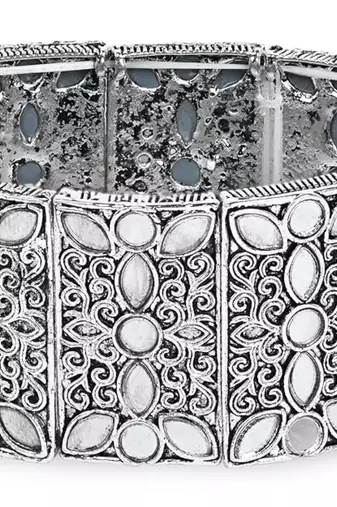 navratri silver oxidised afghani traditional mirror work stretch bracelet for women 