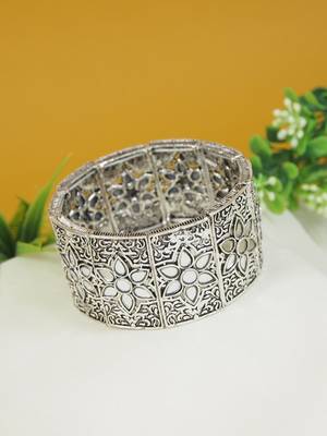 navratri silver oxidised afghani traditional mirror work stretch bracelet for women  1