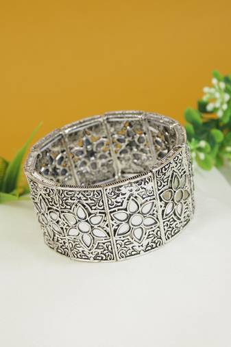 navratri silver oxidised afghani traditional mirror work stretch bracelet for women 