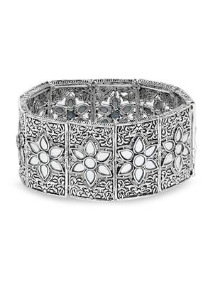 navratri silver oxidised afghani traditional mirror work stretch bracelet for women  2
