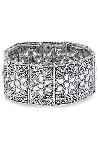 navratri silver oxidised afghani traditional mirror work stretch bracelet for women 