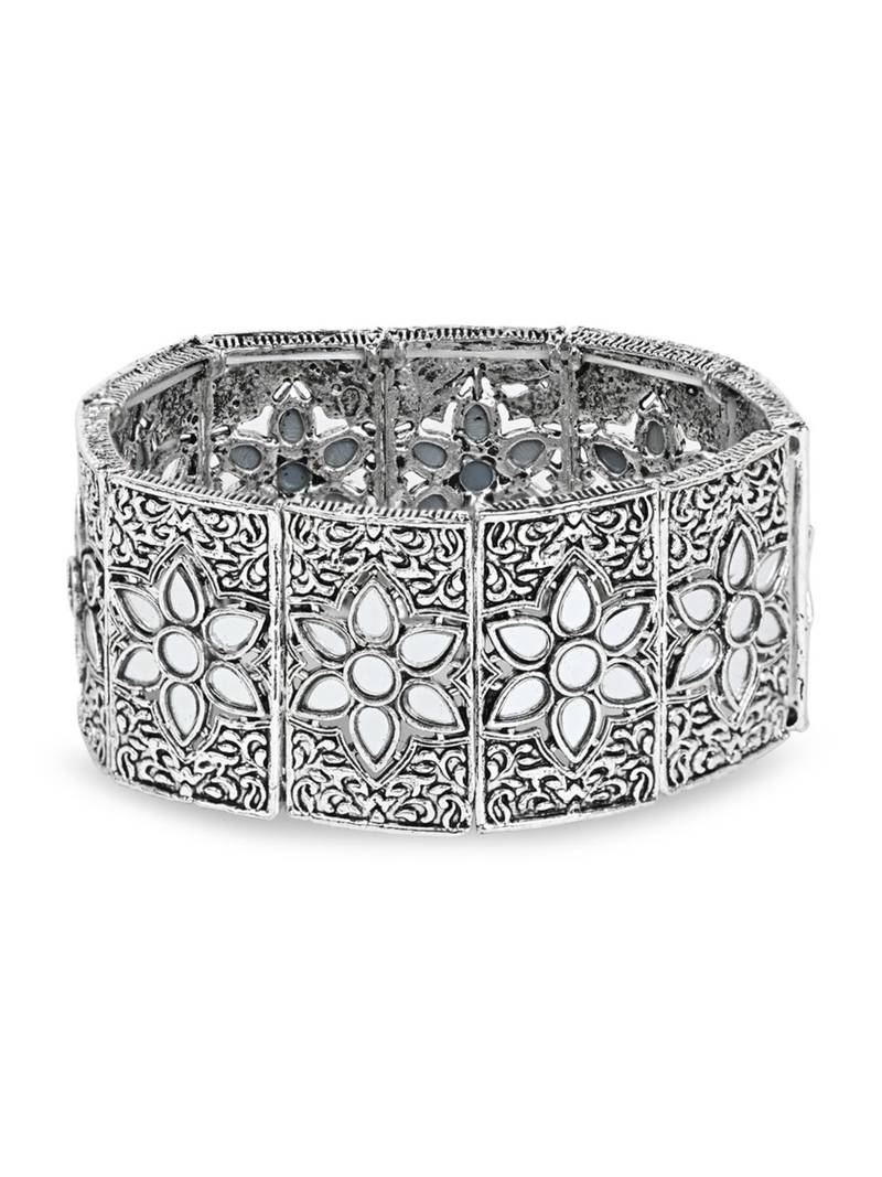 navratri silver oxidised afghani traditional mirror work stretch bracelet for women 