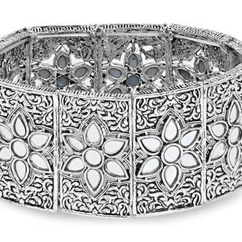 navratri silver oxidised afghani traditional mirror work stretch bracelet for women  3