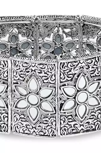 navratri silver oxidised afghani traditional mirror work stretch bracelet for women 
