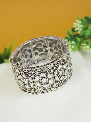 navratri silver oxidised afghani traditional mirror work stretch bracelet for women  1