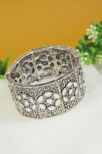 navratri silver oxidised afghani traditional mirror work stretch bracelet for women 