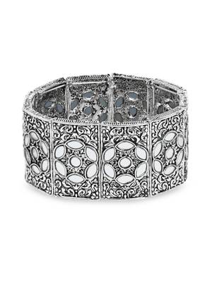 navratri silver oxidised afghani traditional mirror work stretch bracelet for women  2