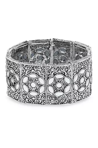navratri silver oxidised afghani traditional mirror work stretch bracelet for women 