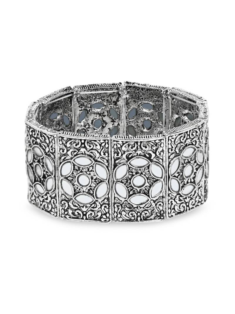 navratri silver oxidised afghani traditional mirror work stretch bracelet for women 