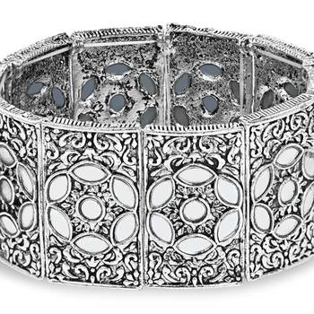 navratri silver oxidised afghani traditional mirror work stretch bracelet for women  3