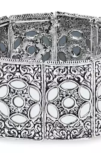 navratri silver oxidised afghani traditional mirror work stretch bracelet for women 