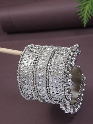 navratri ethnic silver oxidised afghani ghungroo adjustable cuff kada bracelet for women  1