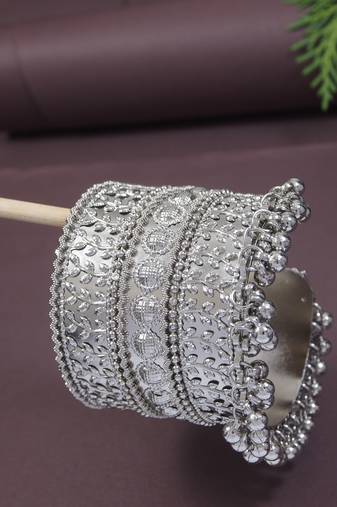 navratri ethnic silver oxidised afghani ghungroo adjustable cuff kada bracelet for women 