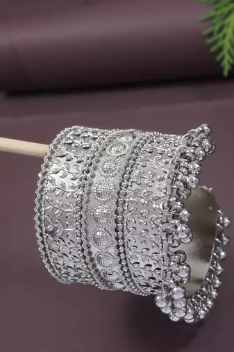 navratri ethnic silver oxidised afghani ghungroo adjustable cuff kada bracelet for women 