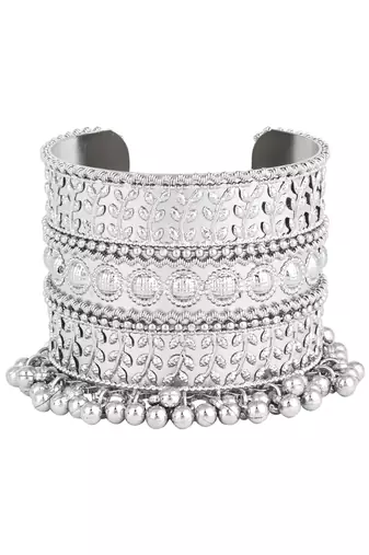 navratri ethnic silver oxidised afghani ghungroo adjustable cuff kada bracelet for women 