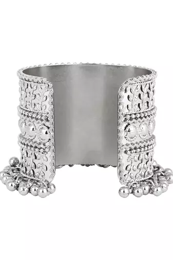 navratri ethnic silver oxidised afghani ghungroo adjustable cuff kada bracelet for women 