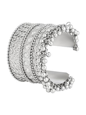 navratri ethnic silver oxidised afghani ghungroo adjustable cuff kada bracelet for women  4