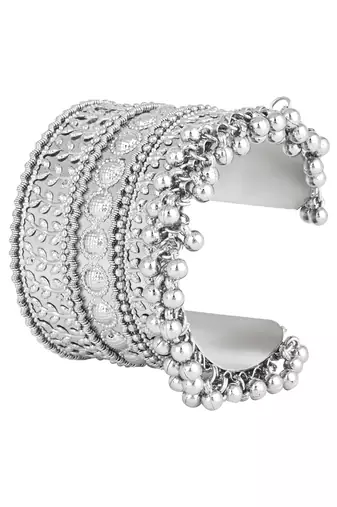 navratri ethnic silver oxidised afghani ghungroo adjustable cuff kada bracelet for women 