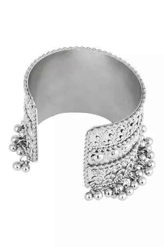 navratri ethnic silver oxidised afghani ghungroo adjustable cuff kada bracelet for women 