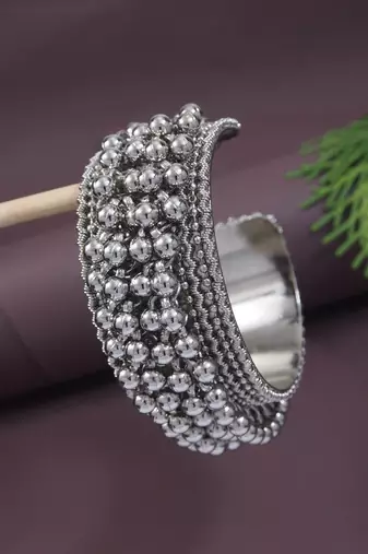 navratri ethnic silver oxidised afghani ghungroo adjustable cuff kada bracelet for women 