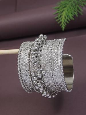 navratri ethnic silver oxidised afghani ghungroo adjustable cuff kada bracelet for women  1