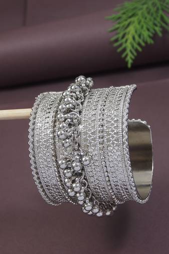 navratri ethnic silver oxidised afghani ghungroo adjustable cuff kada bracelet for women 