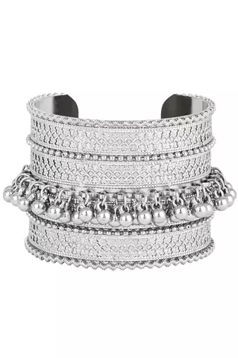 navratri ethnic silver oxidised afghani ghungroo adjustable cuff kada bracelet for women 