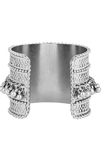 navratri ethnic silver oxidised afghani ghungroo adjustable cuff kada bracelet for women 