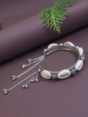 navratri ethnic silver oxidised afghani boho shell ghungroo adjustable cuff kada bracelet for women  1