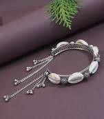 navratri ethnic silver oxidised afghani boho shell ghungroo adjustable cuff kada bracelet for women 