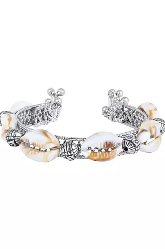 navratri ethnic silver oxidised afghani boho shell ghungroo adjustable cuff kada bracelet for women 