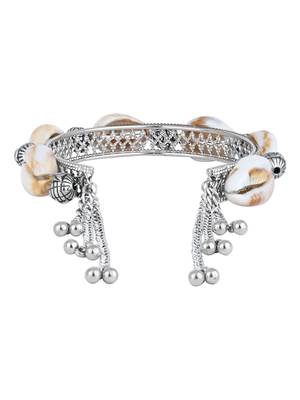 navratri ethnic silver oxidised afghani boho shell ghungroo adjustable cuff kada bracelet for women  3