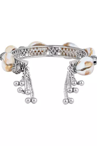 navratri ethnic silver oxidised afghani boho shell ghungroo adjustable cuff kada bracelet for women 