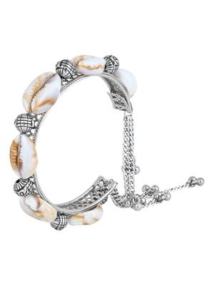 navratri ethnic silver oxidised afghani boho shell ghungroo adjustable cuff kada bracelet for women  4