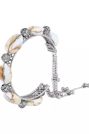 navratri ethnic silver oxidised afghani boho shell ghungroo adjustable cuff kada bracelet for women 