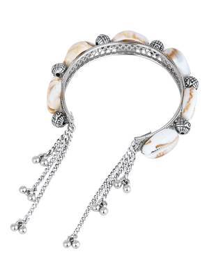 navratri ethnic silver oxidised afghani boho shell ghungroo adjustable cuff kada bracelet for women  5