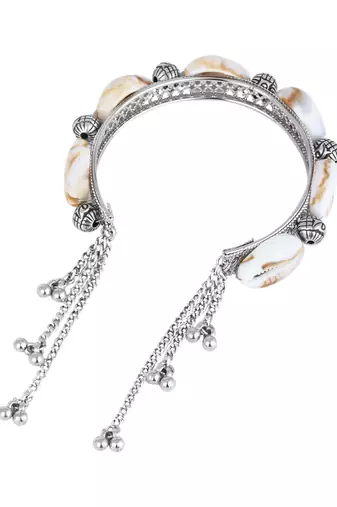 navratri ethnic silver oxidised afghani boho shell ghungroo adjustable cuff kada bracelet for women 