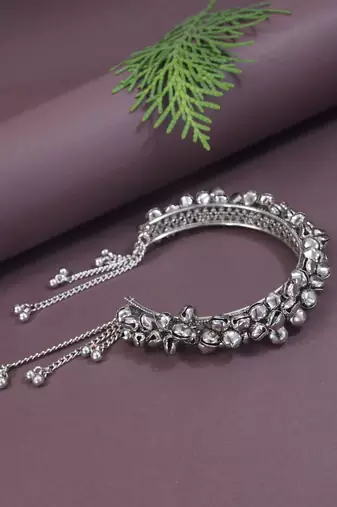 navratri ethnic silver oxidised afghani ghungroo adjustable cuff kada bracelet for women 