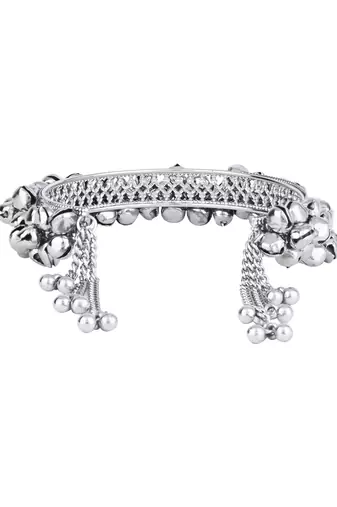 navratri ethnic silver oxidised afghani ghungroo adjustable cuff kada bracelet for women 
