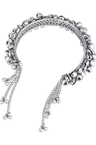 navratri ethnic silver oxidised afghani ghungroo adjustable cuff kada bracelet for women 