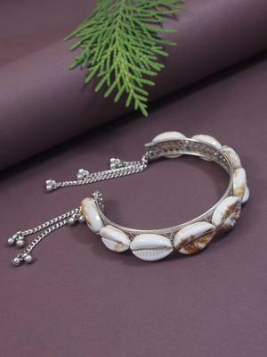 navratri ethnic silver oxidised afghani boho cowrie shell adjustable cuff kada bracelet for women  1