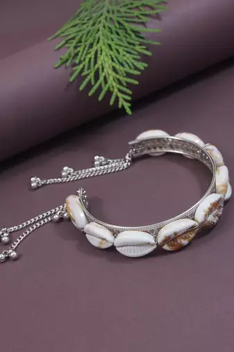 navratri ethnic silver oxidised afghani boho cowrie shell adjustable cuff kada bracelet for women 