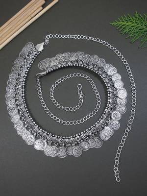 I jewels navratri ethnic silver oxidised coin tassel adjustable boho waist chain/belly chain/kamarband for women  1