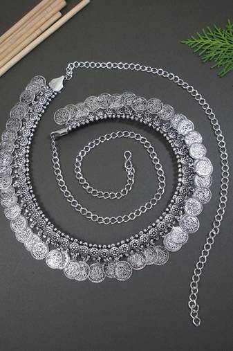 I jewels navratri ethnic silver oxidised coin tassel adjustable boho waist chain/belly chain/kamarband for women (b059s)
