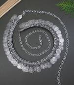 I jewels navratri ethnic silver oxidised coin tassel adjustable boho waist chain/belly chain/kamarband for women 