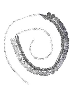 I jewels navratri ethnic silver oxidised coin tassel adjustable boho waist chain/belly chain/kamarband for women  2