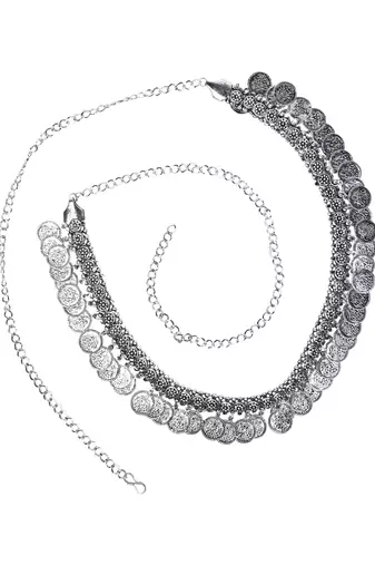 I jewels navratri ethnic silver oxidised coin tassel adjustable boho waist chain/belly chain/kamarband for women 