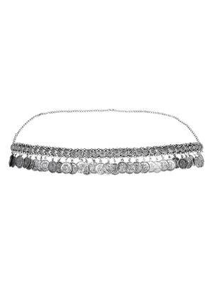 I jewels navratri ethnic silver oxidised coin tassel adjustable boho waist chain/belly chain/kamarband for women  3