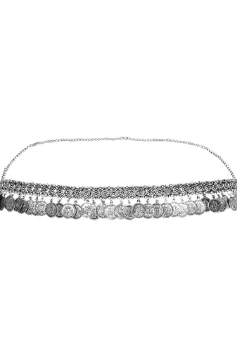 I jewels navratri ethnic silver oxidised coin tassel adjustable boho waist chain/belly chain/kamarband for women 